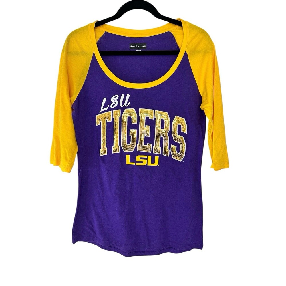 LSU Tigers Women’s Top M Purple Gold Sequin Raglan 3/4 Sleeve Shirt Football
